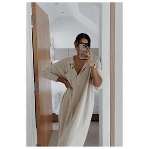 FREE PEOPLE Dana Cashmere Wool Luxe Ivory Beige Slit Polo Midi Sweater Dress XS